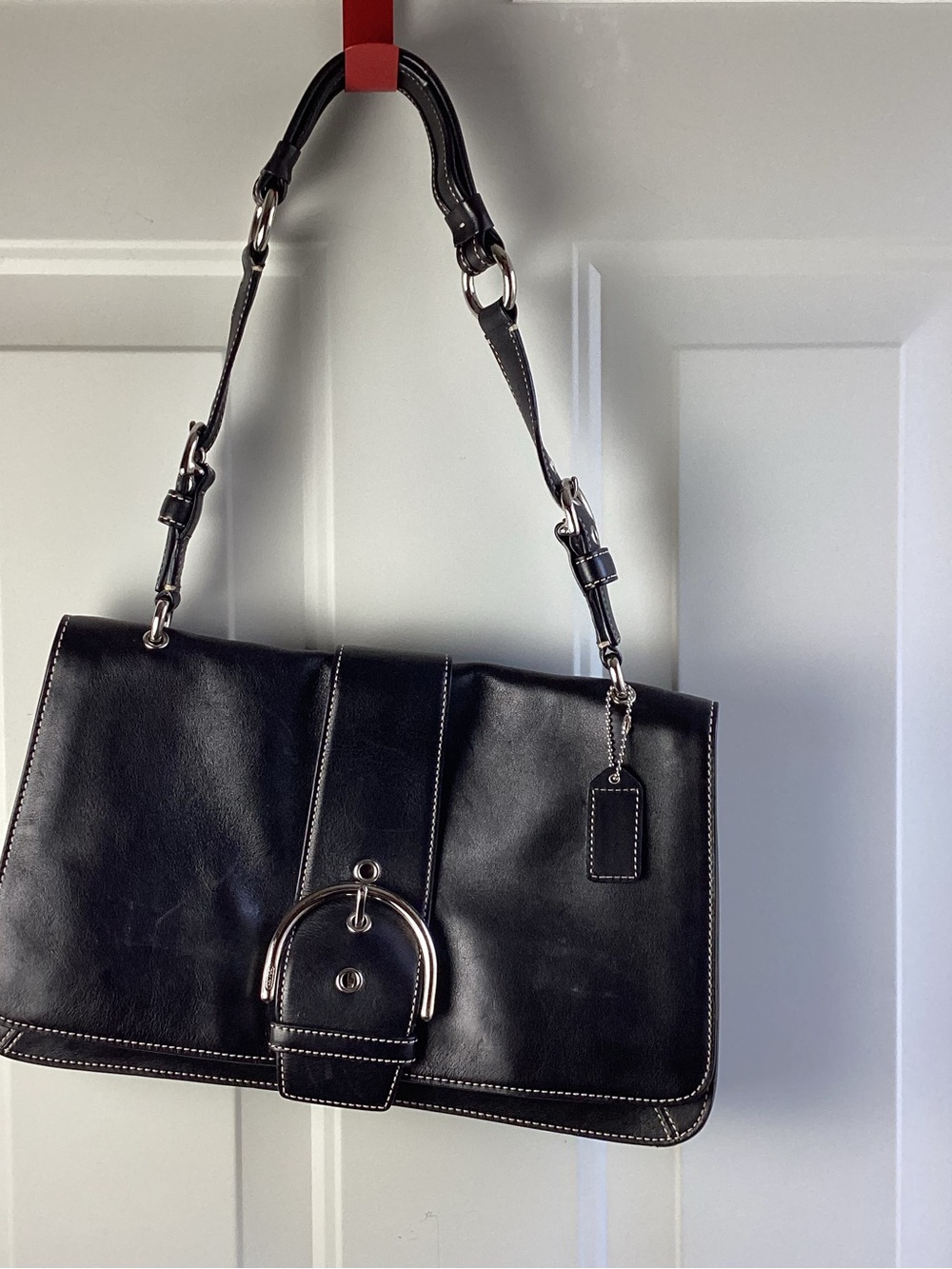 Coach Black Leather Shoulder Bag with Silver Hardware Flap-Over Closure - Picture 8 of 9